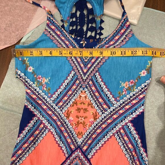 NEW Blue and Neon Sleeveless Floral Maxi Dress with Crochet Back.Size S - Picture 17 of 17